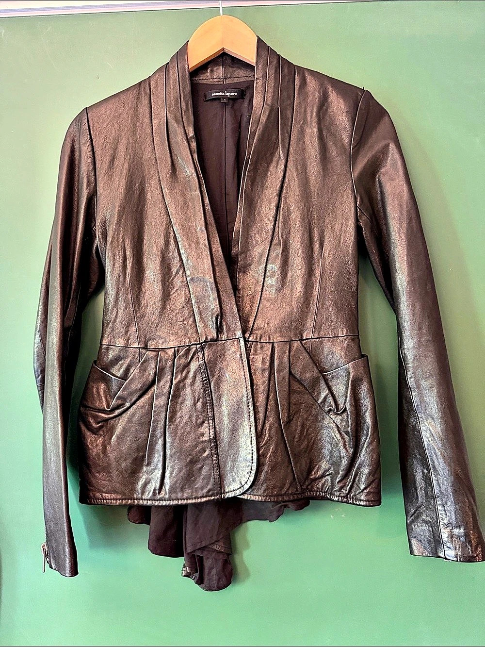 Nanette Lepore Leather Peplum Jacket Womens 4 Unique Date Night Shawl Collar